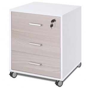 Cassettiera scrivania ufficio con 3 cassetti olmo. Cassettiere scrivanie in legno bianco fiammato per arredamento camerette con serratura e ruote. 