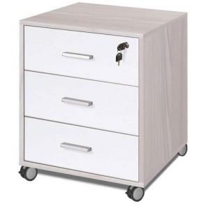 Cassettiera scrivania ufficio in legno con 3 cassetti bianchi. Cassettiere scrivanie olmo per arredamento camerette con serratura e ruote. 