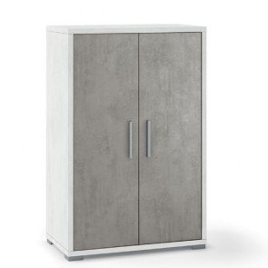 Mobile multiuso casa con 2 ripiani regolabili. Armadio ufficio bianco ossido con 2 ante cemento, misure 110x71x41 cm.