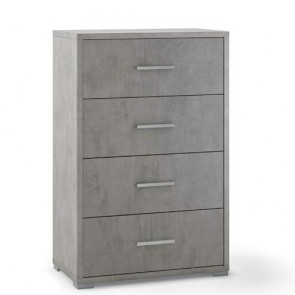 Cassettiera cemento con 4 cassetti in legno nobilitato. Cassettiere settimino ideale per ufficio e camera da letto, dimensioni 71x41x110h cm.
