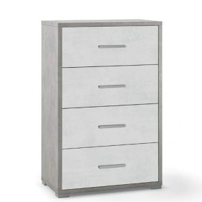 Cassettiera cemento e bianca con 4 cassetti in legno nobilitato. Cassettiere settimino ideale per ufficio e camera da letto, dimensioni 71x41x110h cm.