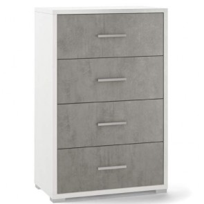 Cassettiera bianca e cemento con 4 cassetti in legno nobilitato. Cassettiere settimino ideale per ufficio e camera da letto, dimensioni 71x41x110h cm.