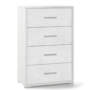 Cassettiera bianco ossido con 4 cassetti in legno nobilitato. Cassettiere settimino ideale per ufficio e camera da letto, dimensioni 71x41x110h cm.
