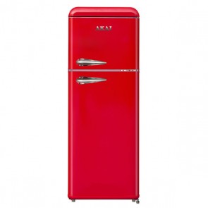 Frigorifero combinato a due porte Akai rosso anni 50. Frigoriferi vintage 240 litri con freezer congelatore, ideali in cucina.