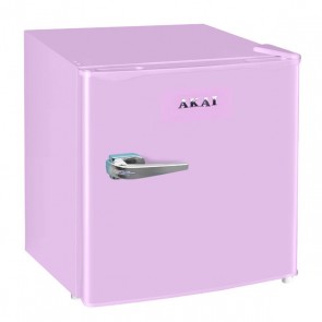 Frigorifero da tavolo Akai rosa anni 50 con monoporta. Frigoriferi sottotavolo vintage 50 litri con freezer congelatore.
