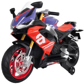 Moto elettrica per bambini Aprilia RS666 viola con batteria 12 Volt, luci e musica. Motocicletta per bambino con ruote ausiliari antiscivolo. 