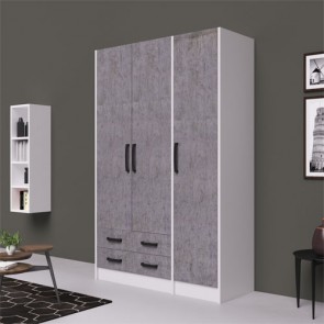 Armadio guardaroba camera da letto tre ante con 2 cassetti in legno. Armadi per cameretta con cassettiera di colore cemento, misure 210x136x52 cm.