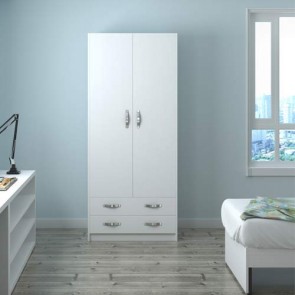 Armadio guardaroba camera da letto con due ante e  cassetti in legno bianchi. Armadi per cameretta con doppia anta e cassettiera, H210x91x52 cm.