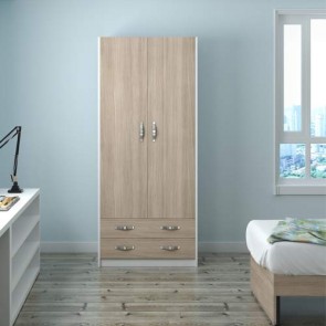 Armadio guardaroba cameretta due ante con 2 cassetti in legno. Armadi per camerette con doppia anta e cassettiera di colore olmo, misure H.210x91x52 cm.