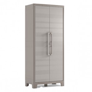 Armadio tuttopiani da esterno beige con 8 ripiani regolabili. Armadietto portascope da giardino dotato di chiusura lucchettabile, misure H182x80x44 