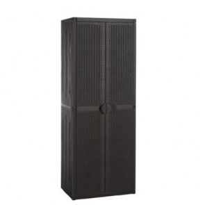 Armadio antracite da esterno con 4 ripiani e due ante effetto rattan. Armadietto multiuso da giardino in resina antiurto,  misure 172x65x45 cm.