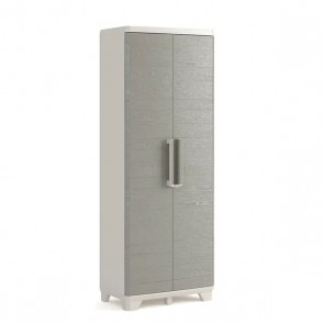 Armadio tuttopiani da esterno con 3 ripiani beige. Armadietto multiuso portascopa da giardino con finitura effetto legno, misure H173x68x39 cm.