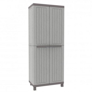 Armadio Terry da esterno con 3 ripiani regolabili e due ante effetto legno. Armadietto multiuso da giardino in polipropilene,  misure 170x68x39 cm.