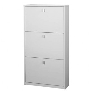 Armadio scarpiera slim con 3 ripiani a ribalta. Scarpiere armadietto salvaspazio tre ante in legno colore bianco fiammato, dimensioni 63x18x117 cm.