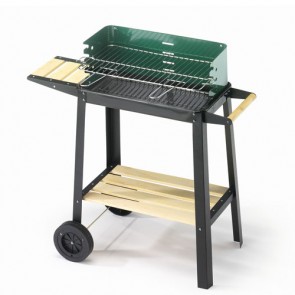 Barbecue a carbonella con struttura in acciaio e ruote. Fornello a carbone da esterno per giardino con griglia in acciaio cromato.