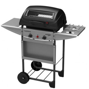 Barbecue a pietra lavica Campingaz Expert Deluxe con due bruciatori in acciaio. Barbecue a gas con fornello laterale per cottura in pentola,