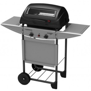 Barbecue a pietra lavica Campingaz Expert Plus con due bruciatori in acciaio. Barbecue a gas con coperchio in vetro, termometro e accensione piezoelettrica.