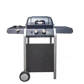 Barbecue a gas con due bruciatori in acciaio e coperchio dotato di termostato. BBQ con fornello laterale e accensione piezoelettrica, ideale in giardino e campeggio. 