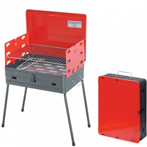 Barbecue richiudibile a carbonella con struttura in acciaio e gambe pieghevoli. Fornello carbone a valigetta da esterno per giardino con griglia regolabile.