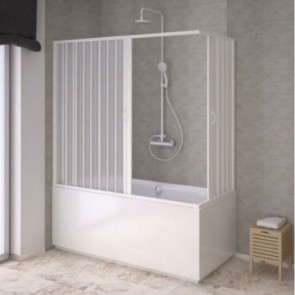 Box vasca scorrevole angolare in PVC stabilizzato bianco. Cabina sopra vasca da bagno a soffietto con binario metrato, altezza 150 cm estensibilità cm 170÷70 cm.