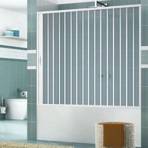 Box vasca scorrevole in PVC stabilizzato bianco. Cabina sopra vasca da bagno a soffietto con binario metrato, altezza 150 cm estensibilità cm 170÷140 cm.