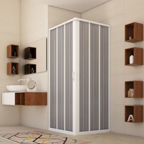Box doccia angolare a soffietto con profili in PVC  da 1,2 mm. Cabina docce bagno con estensione regolabile, dimensioni 90x90x185h cm.