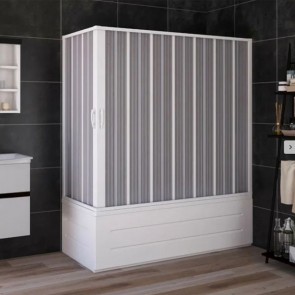 Box vasca angolare con apertura centrale scorrevole in PVC bianco. Cabina sopravasca da bagno a soffietto alta 150 cm con estensibilità 170÷70 cm.