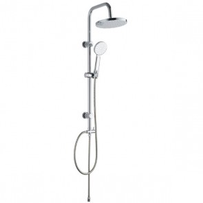 Colonna doccia a ponte in acciaio cromato. Colonne bagno con soffione circolare, doccino e deviatore.