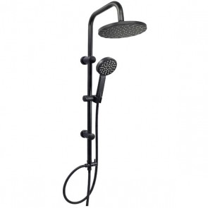 Colonna doccia a ponte nero opaco. Colonne bagno con soffione circolare, doccino e deviatore.