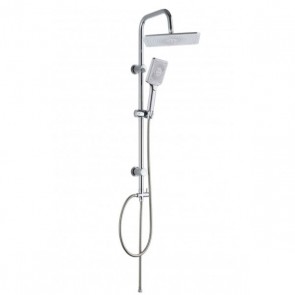 Colonna doccia a ponte in acciaio cromato. Colonne bagno con soffione rettangolare, doccino e deviatore.