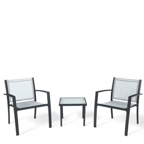 Set da giardino con tavolo e 2 poltrone in acciaio. Tavolino con vetro temperato e sedie da esterno per balconi e terrazzi.