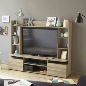 Mobile porta TV basso dal design scandinavo. Parete attrezzata moderna con mensole, 2 ante e vano porta televisore, 