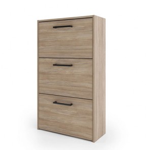 Armadio scarpiera con 3 ripiani a ribalta alta 102 cm. Scarpiere salvaspazio in legno con tre ante rovere, ideali per scarpe e stivali.