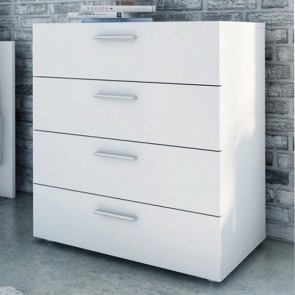 Cassettiera bianca con 4 cassetti in legno nobilitato. Cassettiere settimino ideale per ufficio e camera da letto, dimensioni 70x40x82h cm.