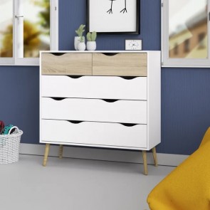 Cassettiera in legno con finitura laccata bianca e rovere naturale. Mobile settimino 5 cassetti, ideale per le camerette dei bambini.