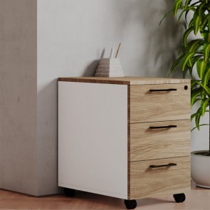 Cassettiera scrivania ufficio in legno 3 cassetti noce naturale con serratura e ruote. Cassettiere scrivanie per arredamento camerette con rotelle e chiave.