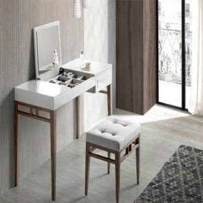 Credenza Angel Cerdà in legno con specchio ribaltabile e portagioie, scrivania toilette con cassetto ideale a casa per il trucco.