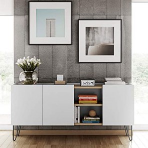 Credenze buffet TemaHome con 3 ante bianco laccato. Mobile in legno rovere con gambe in metallo nero per cucina e soggiorno, misure 83x180x42 cm.