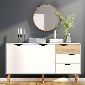 Credenza bianca moderna Tvilum con due ante e 3 cassetti. Mobile Tv con gambe in legno per cucina e sala da pranzo