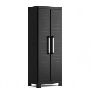 Armadio tuttopiani da esterno nero con 4 ripiani regolabili. Armadietto multiuso impermeabile da giardino con chiusura lucchettabile H182x65x45 cm