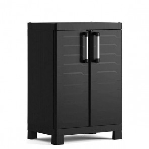 Armadio basso da esterno nero con 2 ripiani regolabili. Armadietto multiuso impermeabile da giardino con chiusura lucchettabile H97x65x45 cm