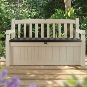Cassapanca contenitore in resina con finitura effetto legno per esterno. Panchina baule da giardino in resina beige con seduta marrone, misure 140X60X84H cm.
