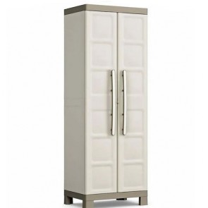 Armadio tuttopiani da esterno con 4 ripiani beige. Armadietto multiuso portascopa tortora da giardino, misure H182x65x45 cm.
