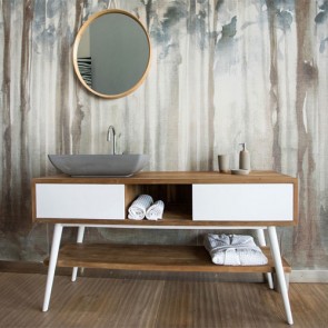 Mobile bagno Feel Good 150 Cipì, mobili bagno consolle con gambe in legno di teak naturale e cassetti verniciati di colore bianco opaco.