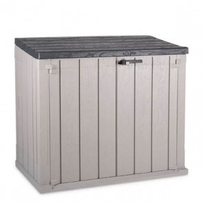 Armadio da terrazzo e balcone in polipropilene grigio tortora. Box porta attrezzi ideale per riporre attrezzature da giardino.