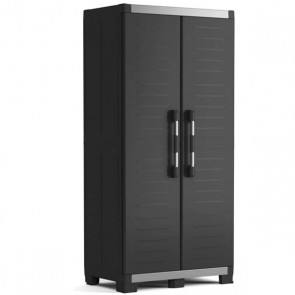 Armadio tuttopiani da esterno nero con 3 ripiani regolabili. Armadietto multiuso impermeabile da giardino con chiusura lucchettabile H188x89x54 cm