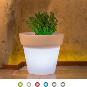 Vaso luminoso rotondo da giardino in resina bianca per esterno. Vasi luminosi circolari da interno illuminati di luce led multicolore RGB con telecomando, ideale per le piante del terrazzo.