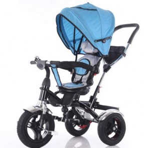 Triciclo blu per bambino con cappottina e tre ruote gonfiabili. Tricicli passeggino a pedali per bambini con maniglione e sedile Girevole 360°.