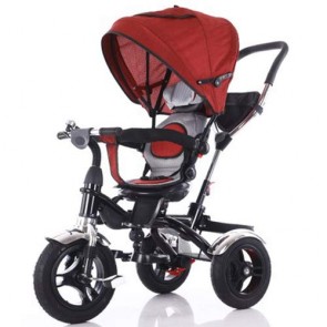 Triciclo rosso per bambino con cappottina e tre ruote gonfiabili. Tricicli passeggino a pedali per bambini