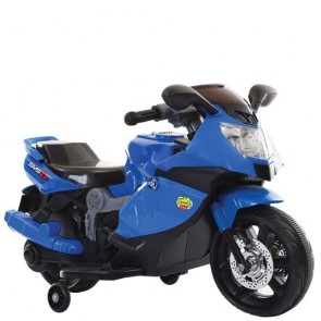 Moto elettrica sportiva per bambini con luci e musica. Motocicletta blu per bambino con batteria 6 volt, retromarcia e rotelle.